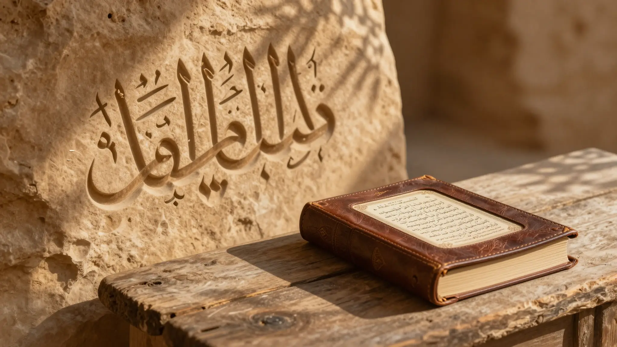 خط عربي منقوش على حجرٍ رملي بجانب كتاب شعرٍ كلاسيكي، صورة تعبّر عن اللغة العربية والهوية العربية